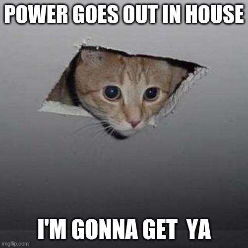 Ceiling Cat | POWER GOES OUT IN HOUSE; I'M GONNA GET  YA | image tagged in memes,ceiling cat | made w/ Imgflip meme maker