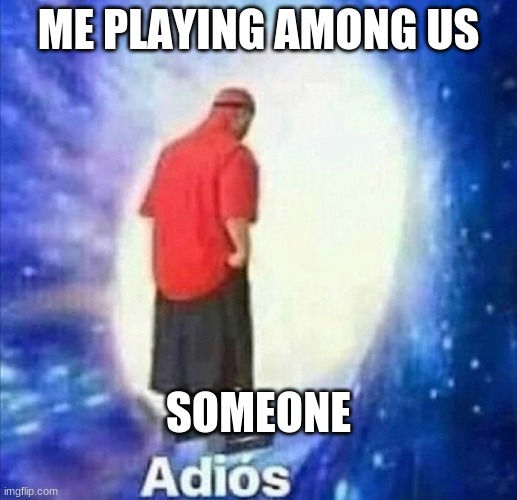 Adios | ME PLAYING AMONG US; SOMEONE | image tagged in adios,memes | made w/ Imgflip meme maker