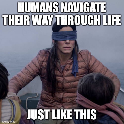 We don’t know what comes next | HUMANS NAVIGATE THEIR WAY THROUGH LIFE; JUST LIKE THIS | image tagged in memes,bird box,funny,life,blindness | made w/ Imgflip meme maker