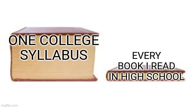 College Syllabi | ONE COLLEGE SYLLABUS; EVERY BOOK I READ IN HIGH SCHOOL | image tagged in big book small book,college | made w/ Imgflip meme maker