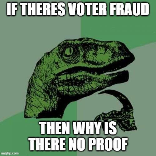 Philosoraptor | IF THERES VOTER FRAUD; THEN WHY IS THERE NO PROOF | image tagged in memes,philosoraptor | made w/ Imgflip meme maker
