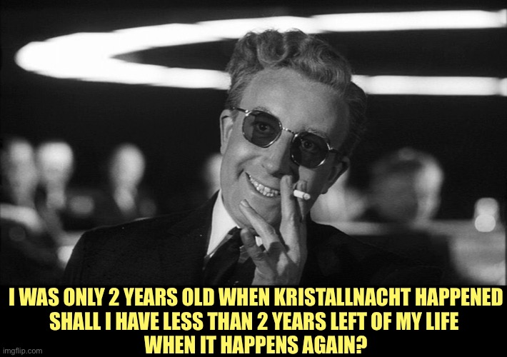 Doctor Strangelove says... | I WAS ONLY 2 YEARS OLD WHEN KRISTALLNACHT HAPPENED

SHALL I HAVE LESS THAN 2 YEARS LEFT OF MY LIFE 
WHEN IT HAPPENS AGAIN? | image tagged in doctor strangelove says | made w/ Imgflip meme maker
