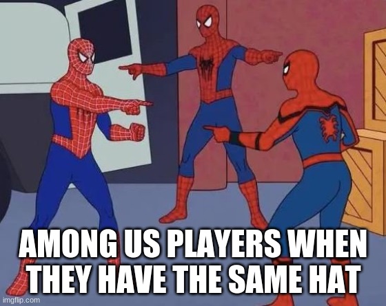3 Spiderman Pointing | AMONG US PLAYERS WHEN THEY HAVE THE SAME HAT | image tagged in 3 spiderman pointing | made w/ Imgflip meme maker