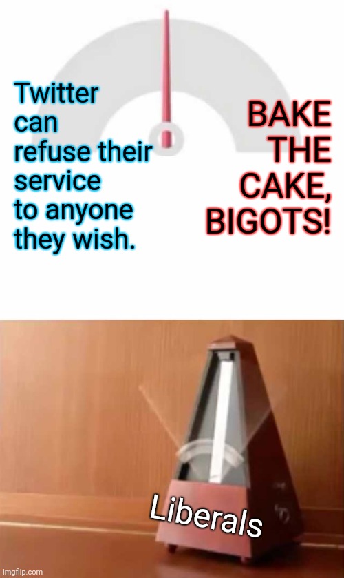 tick talk | BAKE THE CAKE, BIGOTS! Twitter can refuse their service to anyone they wish. Liberals | image tagged in metronome,liberal hypocrisy,trump twitter,gay marriage | made w/ Imgflip meme maker