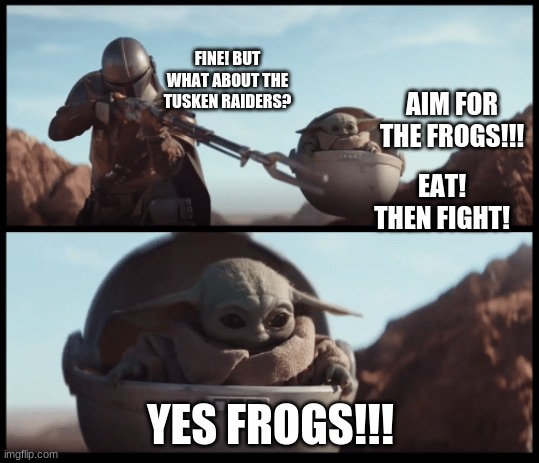 Baby Yoda | FINE! BUT WHAT ABOUT THE TUSKEN RAIDERS? AIM FOR THE FROGS!!! EAT! THEN FIGHT! YES FROGS!!! | image tagged in baby yoda | made w/ Imgflip meme maker