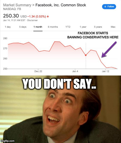 Facebook tanks | FACEBOOK STARTS BANNING CONSERVATIVES HERE; YOU DON'T SAY.. | image tagged in nicolas cage | made w/ Imgflip meme maker