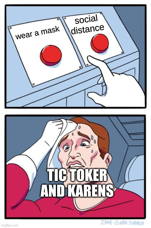 Karen's and tic tokers right now | social distance; wear a mask; TIC TOKER AND KARENS | image tagged in memes,two buttons | made w/ Imgflip meme maker