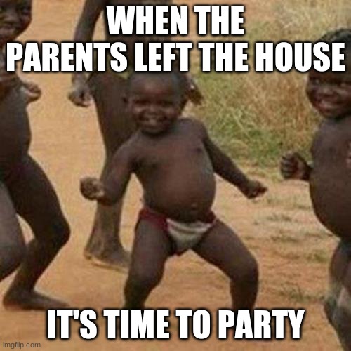 Third World Success Kid | WHEN THE PARENTS LEFT THE HOUSE; IT'S TIME TO PARTY | image tagged in memes,third world success kid | made w/ Imgflip meme maker