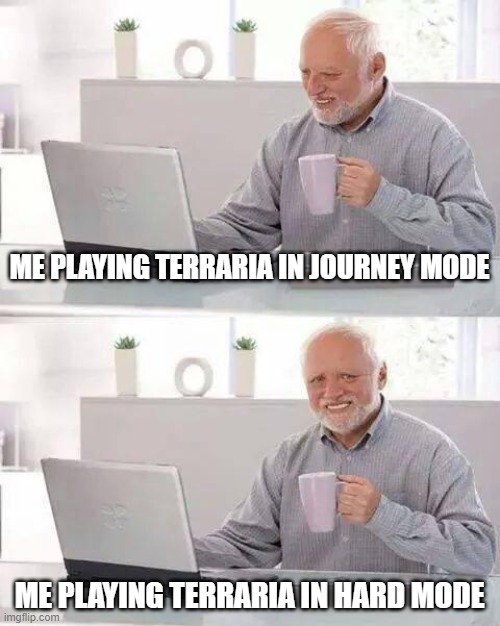 Journey Mode vs Hard Mode Terraria | ME PLAYING TERRARIA IN JOURNEY MODE; ME PLAYING TERRARIA IN HARD MODE | image tagged in memes,hide the pain harold | made w/ Imgflip meme maker