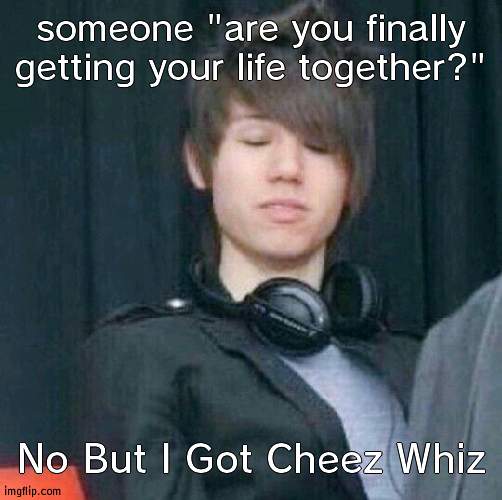 WE NEED RYAN ROSS BACK | someone "are you finally getting your life together?"; No But I Got Cheez Whiz | image tagged in ryan ross | made w/ Imgflip meme maker
