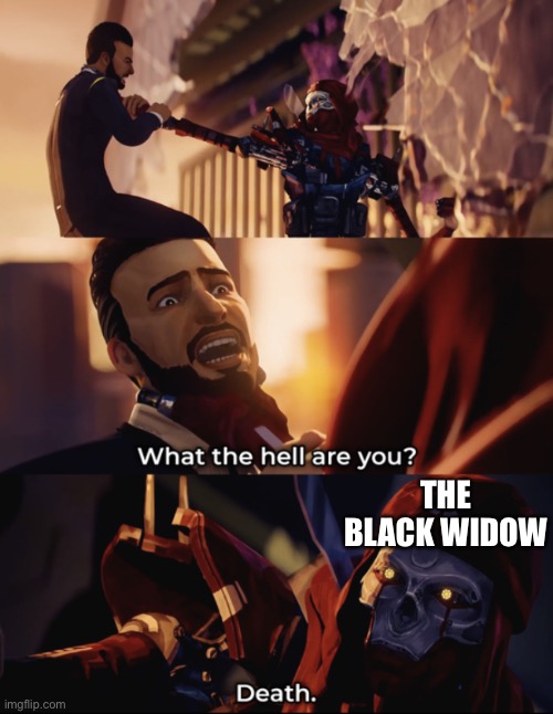 what are you? death | THE BLACK WIDOW | image tagged in what are you death | made w/ Imgflip meme maker