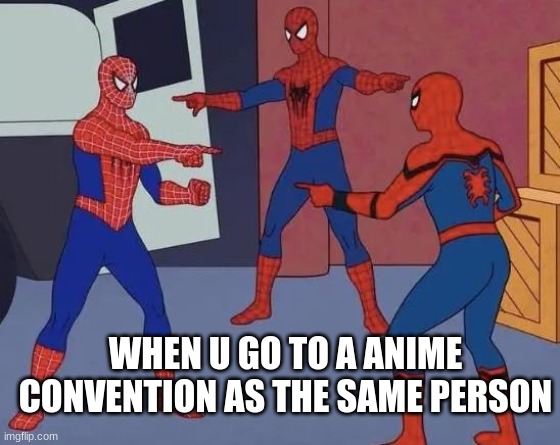 3 Spiderman Pointing | WHEN U GO TO A ANIME CONVENTION AS THE SAME PERSON | image tagged in 3 spiderman pointing | made w/ Imgflip meme maker