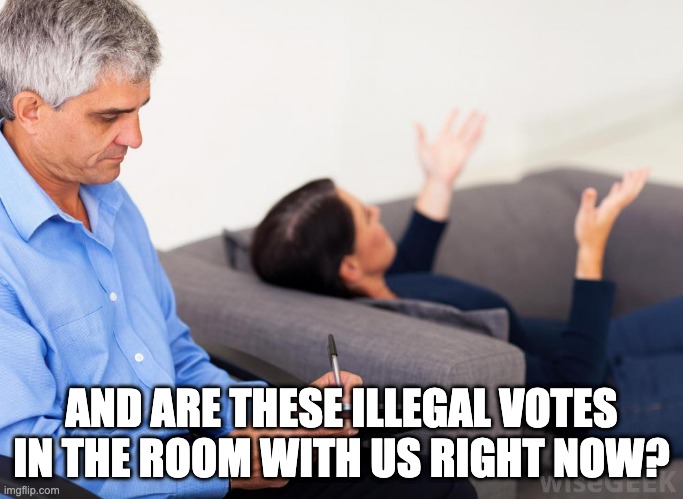 Therapist, notes | AND ARE THESE ILLEGAL VOTES IN THE ROOM WITH US RIGHT NOW? | image tagged in therapist notes | made w/ Imgflip meme maker