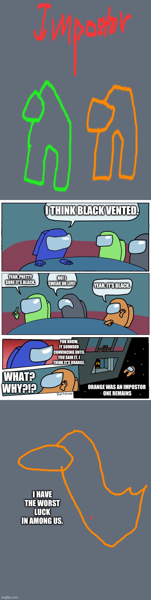 Among Us Meeting | I THINK BLACK VENTED. NO! I SWEAR ON LIFE! YEAH, PRETTY SURE IT'S BLACK. YEAH, IT'S BLACK. YOU KNOW, IT SOUNDED CONVINCING UNTIL YOU SAID IT. I THINK IT'S ORANGE. WHAT? WHY?!? ORANGE WAS AN IMPOSTOR 
ONE REMAINS; I HAVE THE WORST LUCK IN AMONG US. | image tagged in among us meeting | made w/ Imgflip meme maker