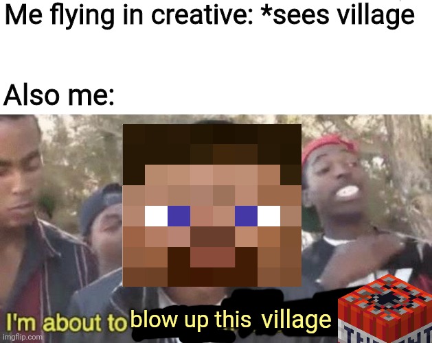 We all did this, don't lie | Me flying in creative: *sees village; Also me:; blow up this; village | image tagged in i m about to end this man s whole career,minecraft,memes,fun | made w/ Imgflip meme maker