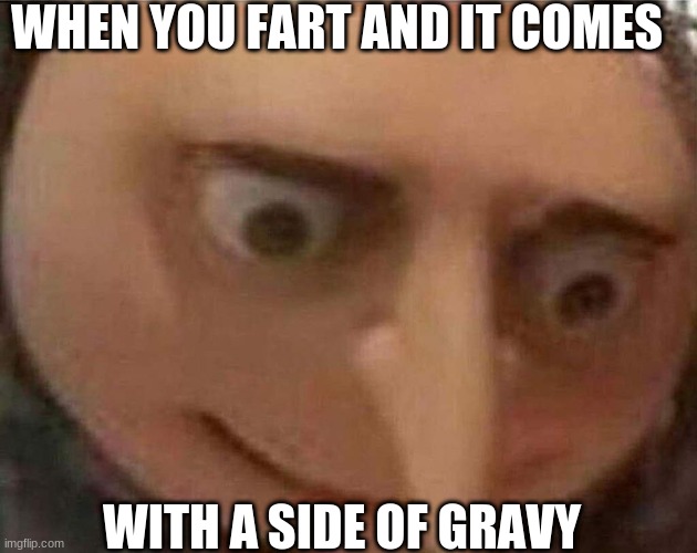 gru meme | WHEN YOU FART AND IT COMES; WITH A SIDE OF GRAVY | image tagged in gru meme | made w/ Imgflip meme maker