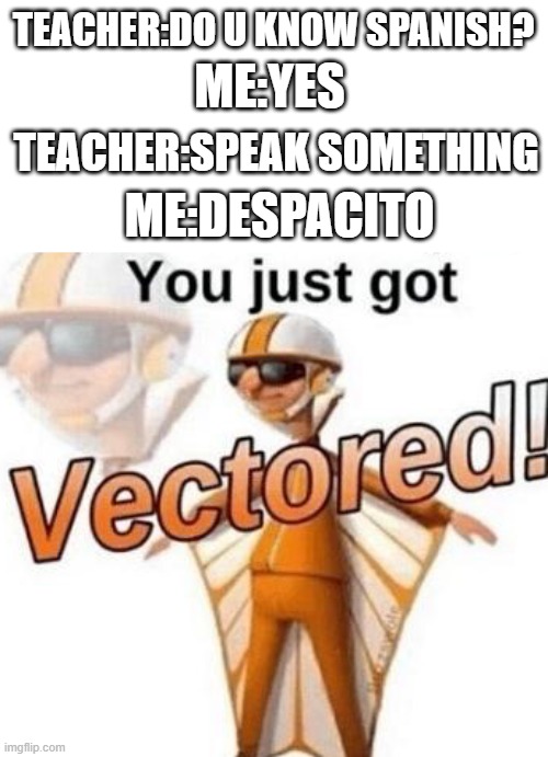 despacito | TEACHER:DO U KNOW SPANISH? ME:YES; TEACHER:SPEAK SOMETHING; ME:DESPACITO | image tagged in you just got vectored | made w/ Imgflip meme maker