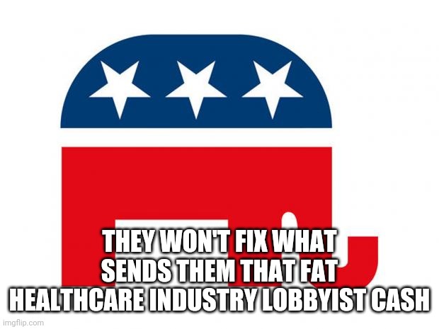 Republican | THEY WON'T FIX WHAT SENDS THEM THAT FAT HEALTHCARE INDUSTRY LOBBYIST CASH | image tagged in republican | made w/ Imgflip meme maker