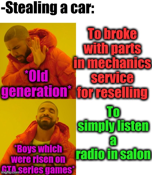 -Fast tricks. | -Stealing a car:; To broke with parts in mechanics service for reselling; *Old generation*; To simply listen a radio in salon; *Boys which were risen on GTA series games* | image tagged in memes,drake hotline bling,strange cars,gta online,stealing,radiohead | made w/ Imgflip meme maker