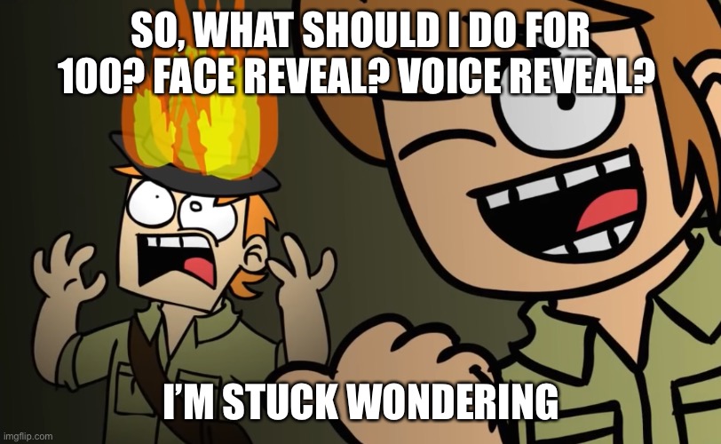 Matt on fire | SO, WHAT SHOULD I DO FOR 100? FACE REVEAL? VOICE REVEAL? I’M STUCK WONDERING | image tagged in matt on fire | made w/ Imgflip meme maker