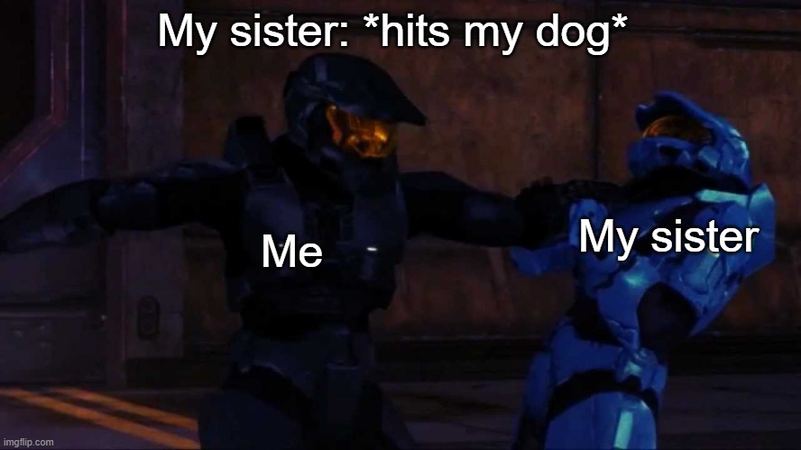 Tex HITTING Church | My sister: *hits my dog*; My sister; Me | image tagged in tex hitting church | made w/ Imgflip meme maker