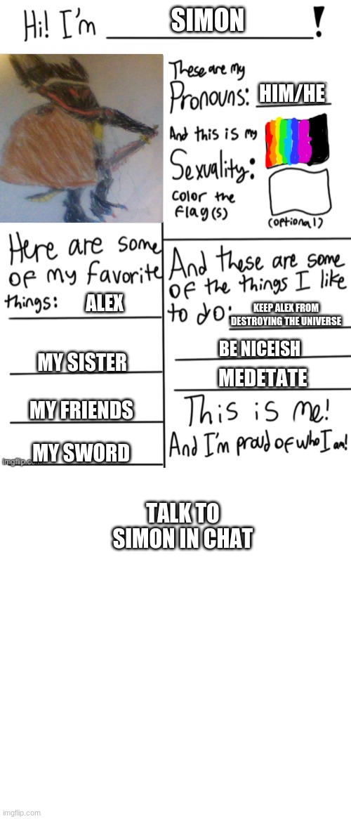 SIMON; HIM/HE; ALEX; KEEP ALEX FROM DESTROYING THE UNIVERSE; BE NICEISH; MY SISTER; MEDETATE; MY FRIENDS; MY SWORD; TALK TO SIMON IN CHAT | image tagged in lgbtq profile,memes,blank transparent square | made w/ Imgflip meme maker