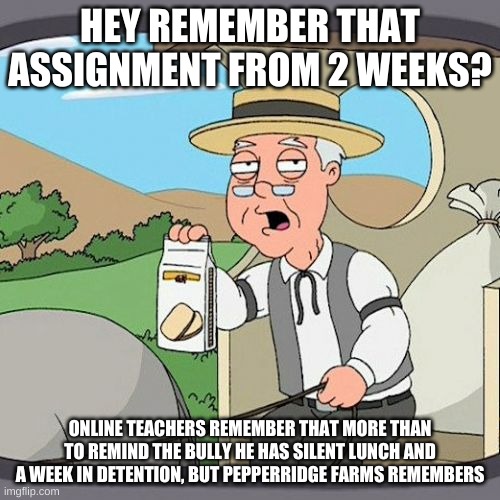 hey | HEY REMEMBER THAT ASSIGNMENT FROM 2 WEEKS? ONLINE TEACHERS REMEMBER THAT MORE THAN TO REMIND THE BULLY HE HAS SILENT LUNCH AND A WEEK IN DETENTION, BUT PEPPERIDGE FARMS REMEMBERS | image tagged in memes,pepperidge farm remembers | made w/ Imgflip meme maker