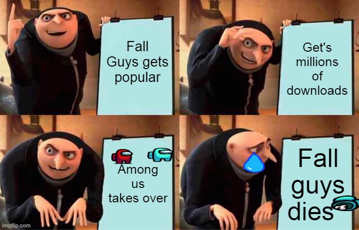 How Fall guys died | Fall Guys gets popular; Get's millions of downloads; Among us takes over; Fall guys dies | image tagged in memes,gru's plan | made w/ Imgflip meme maker