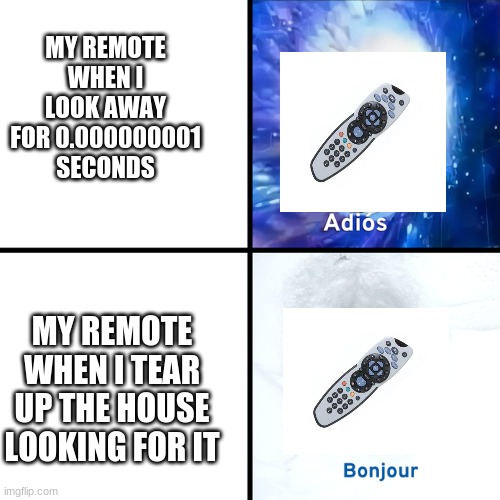 this always happens | MY REMOTE WHEN I LOOK AWAY FOR 0.000000001 SECONDS; MY REMOTE WHEN I TEAR UP THE HOUSE LOOKING FOR IT | image tagged in adios bonjour,remote control,bonjour,adios,memes | made w/ Imgflip meme maker