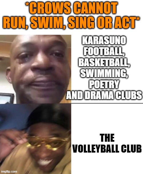 Seriously, was this school named for only one club? | *CROWS CANNOT RUN, SWIM, SING OR ACT*; KARASUNO FOOTBALL, BASKETBALL, SWIMMING, POETRY AND DRAMA CLUBS; THE VOLLEYBALL CLUB | image tagged in yellow glass guy | made w/ Imgflip meme maker