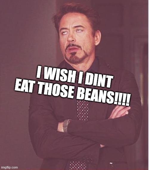 Face You Make Robert Downey Jr Meme | I WISH I DINT EAT THOSE BEANS!!!! | image tagged in memes,face you make robert downey jr | made w/ Imgflip meme maker