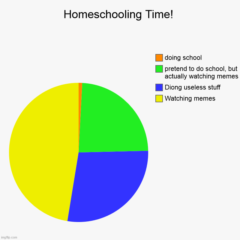 Homeschooling Time! | Watching memes, Diong useless stuff, pretend to do school, but actually watching memes, doing school | image tagged in charts,pie charts | made w/ Imgflip chart maker