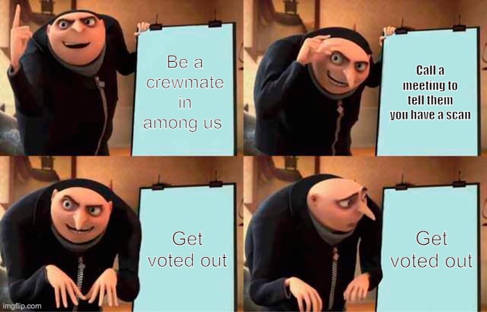 Among us for me every round | Be a crewmate in among us; Call a meeting to tell them you have a scan; Get voted out; Get voted out | image tagged in memes,gru's plan | made w/ Imgflip meme maker