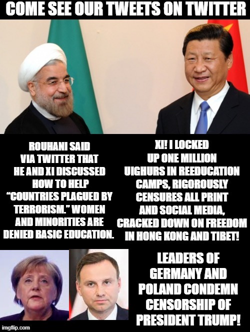 Come See Our Tweets On Twitter! | ROUHANI SAID VIA TWITTER THAT HE AND XI DISCUSSED  HOW TO HELP “COUNTRIES PLAGUED BY TERRORISM.” WOMEN AND MINORITIES ARE DENIED BASIC EDUCATION. LEADERS OF GERMANY AND POLAND CONDEMN CENSORSHIP OF PRESIDENT TRUMP! | image tagged in twitter,facebook,censorship,stupid liberals | made w/ Imgflip meme maker
