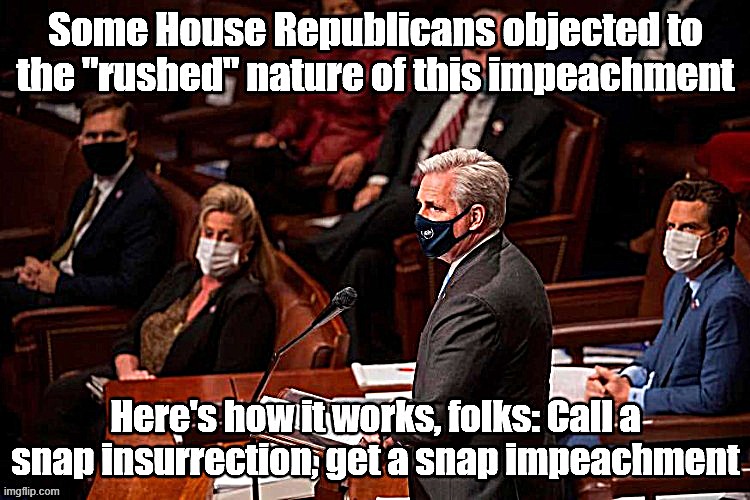 Snap treason, snap impeachment. | image tagged in house republicans decry rushed impeachment,impeachment,impeach trump,impeach,trump impeachment,election 2020 | made w/ Imgflip meme maker