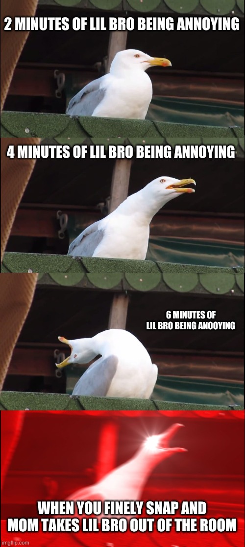 annoying brother | 2 MINUTES OF LIL BRO BEING ANNOYING; 4 MINUTES OF LIL BRO BEING ANNOYING; 6 MINUTES OF LIL BRO BEING ANOOYING; WHEN YOU FINELY SNAP AND MOM TAKES LIL BRO OUT OF THE ROOM | image tagged in memes,inhaling seagull | made w/ Imgflip meme maker