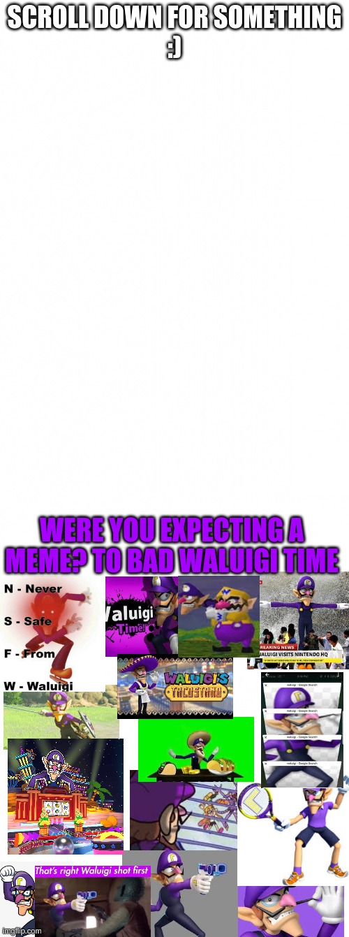 The 69th meme i made | SCROLL DOWN FOR SOMETHING

:); WERE YOU EXPECTING A MEME? TO BAD WALUIGI TIME | image tagged in memes | made w/ Imgflip meme maker
