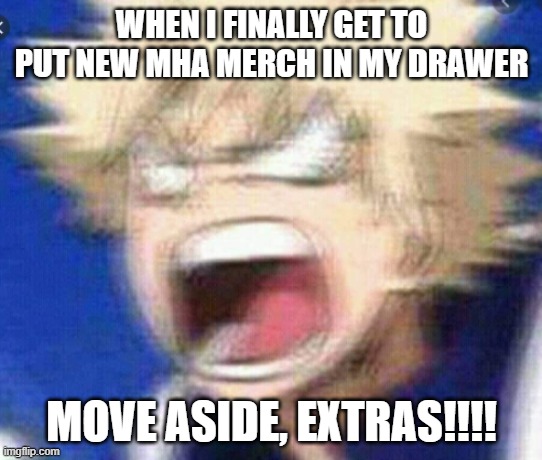  WHEN I FINALLY GET TO PUT NEW MHA MERCH IN MY DRAWER; MOVE ASIDE, EXTRAS!!!! | image tagged in mha | made w/ Imgflip meme maker