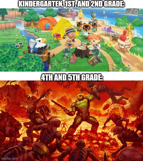 Doomguy |  KINDERGARTEN, 1ST, AND 2ND GRADE:; 4TH AND 5TH GRADE: | image tagged in doomguy | made w/ Imgflip meme maker