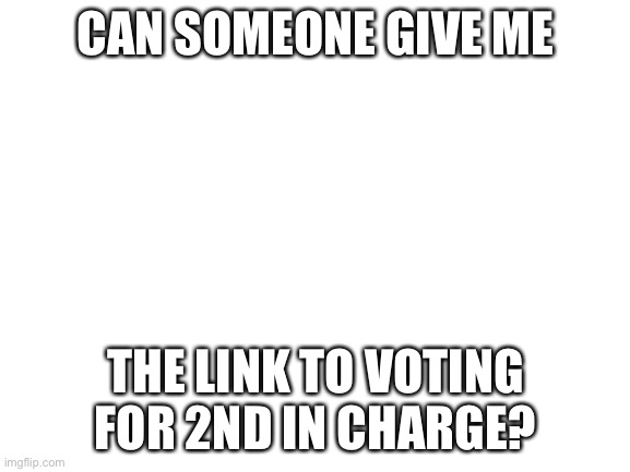 Blank White Template | CAN SOMEONE GIVE ME; THE LINK TO VOTING FOR 2ND IN CHARGE? | image tagged in blank white template | made w/ Imgflip meme maker
