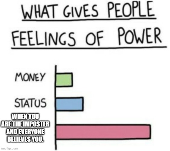 What Gives People Feelings of Power | WHEN YOU ARE THE IMPOSTER AND EVERYONE BELIEVES YOU. | image tagged in what gives people feelings of power | made w/ Imgflip meme maker
