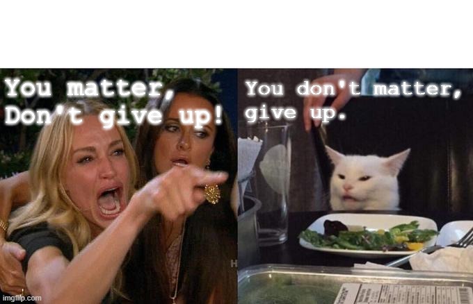 Woman Yelling At Cat Meme | You matter,
Don't give up! You don't matter,
give up. | image tagged in memes,woman yelling at cat | made w/ Imgflip meme maker