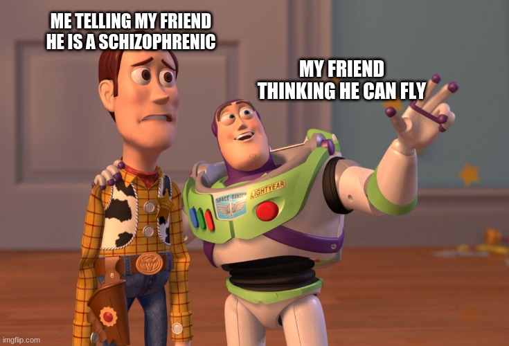 X, X Everywhere Meme | ME TELLING MY FRIEND HE IS A SCHIZOPHRENIC; MY FRIEND THINKING HE CAN FLY | image tagged in memes,x x everywhere | made w/ Imgflip meme maker