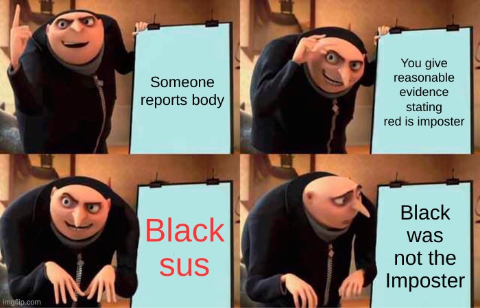 Imposter's plan | Someone reports body; You give reasonable evidence stating red is imposter; Black sus; Black was not the Imposter | image tagged in memes,gru's plan | made w/ Imgflip meme maker