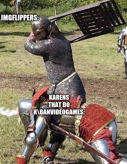 WE WILL BEAT THE R/BANVIDEOGAMES | IMGFLIPPERS:; KARENS THAT DO R\BANVIDEOGAMES: | image tagged in knight knight chair fight | made w/ Imgflip meme maker