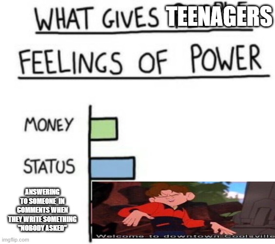 I like the template ngl. | TEENAGERS; ANSWERING TO SOMEONE  IN COMMENTS WHEN THEY WRITE SOMETHING "NOBODY ASKED" | image tagged in what gives people feelings of power | made w/ Imgflip meme maker