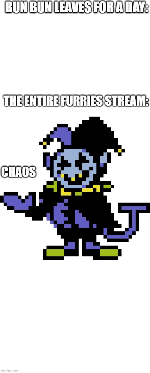 just a joke no hate | BUN BUN LEAVES FOR A DAY:; THE ENTIRE FURRIES STREAM:; CHAOS | image tagged in blank white template,jevil meme | made w/ Imgflip meme maker