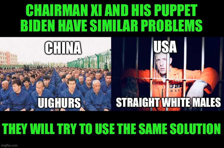 Silence and re educations are what we will impose | CHAIRMAN XI AND HIS PUPPET BIDEN HAVE SIMILAR PROBLEMS; CHINA; USA; STRAIGHT WHITE MALES; UIGHURS; THEY WILL TRY TO USE THE SAME SOLUTION | image tagged in democrat congressmen,traitors,liar liar pants on fire,gone reduced to atoms,creepy joe biden,democratic socialism | made w/ Imgflip meme maker