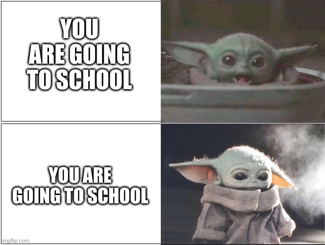 Baby Yoda happy then sad | YOU ARE GOING TO SCHOOL; YOU ARE GOING TO SCHOOL | image tagged in baby yoda happy then sad | made w/ Imgflip meme maker