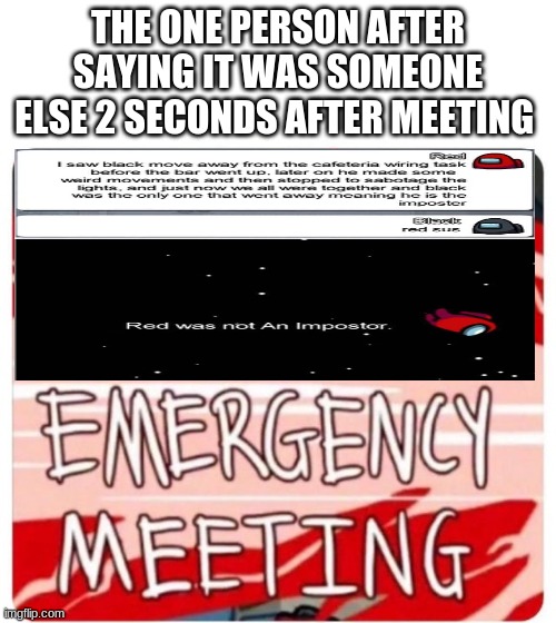 Emergency Meeting Among Us | THE ONE PERSON AFTER SAYING IT WAS SOMEONE ELSE 2 SECONDS AFTER MEETING | image tagged in emergency meeting among us | made w/ Imgflip meme maker